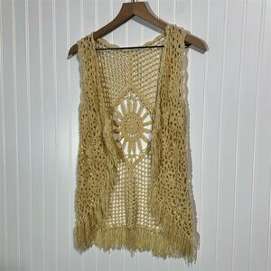Millau Crochet Fringe Vest Boho Festival Hippie Beige Open Knit Sleeveless Top